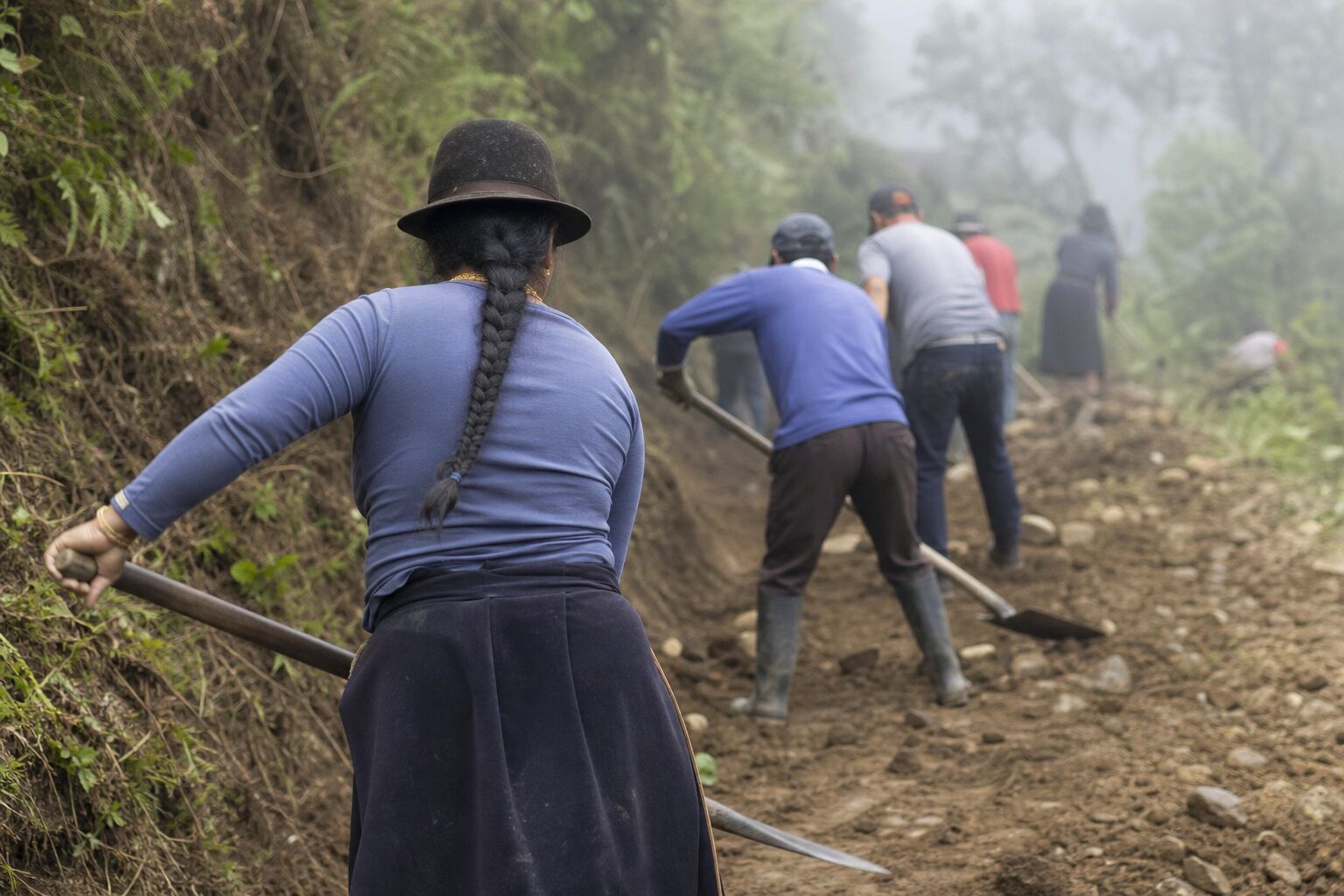 Minga comunitaria en un camino rural